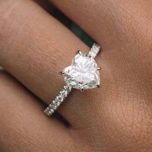 Heart Cut Moissanite Engagement Ring, 14K White Gold Anniversary Gift, Five Prong Set Wedding Ring, Diamond Promise Ring, Gift for Women
