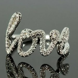 14K White Gold Love Stack able Ring, Moissanite Diamond Ring, Love Letter Ring, Love Wedding Ring, Free form Ring, Birthday Gift for Someone