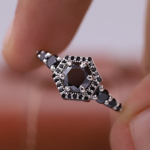 Sevan Stone Round Cut Diamond Ring, 1.0 CT Black Moissanite Halo Engagement Ring, Sterling Silver Wedding Ring, Bridal Ring, Gift for Women