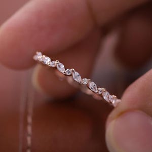 Single Prong Set Alternating Diamond Band, Marquise & Round Cut Moissanite Band, 18K Rose Gold Wedding Band, Full Eternity Matching Band