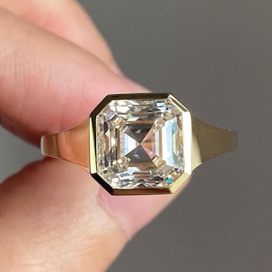 Asscher Cut Moissanite Engagement Ring, Wide Band, Full Bezel Set Solitaire Ring, Anniversary Gift, 14K Solid Gold Wedding Ring for Men