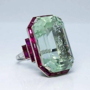 Big Emerald Cut Diamond Vintage Ring, Ruby Halo Diamond Art Deco Engagement Ring, Cocktail Woman's Estate Antique Art Deco Diamond Ring