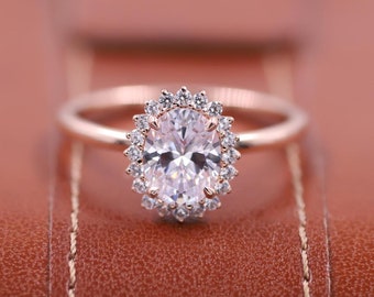 Oval Cut Lab Grown Diamond Ring, 14K Roae Gold Halo Engagement Ring, Vintage Wedding Ring for women, Anniversary Gift for Her, Proposal Ring