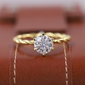 Twisted Rope Band, Round Lab Grown Diamond Engagement Ring, Solitaire Lab Created Diamond Ring, 14k Solid Gold Anniversary Gift for Women