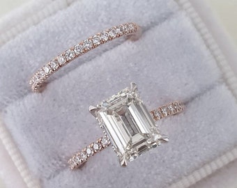 1.0 CT Emerald Cut Diamond Wedding Ring Set, Classic Solitaire Two Tone Engagement Ring Set, Hidden Halo Unique Ring Set, Anniversary Gift
