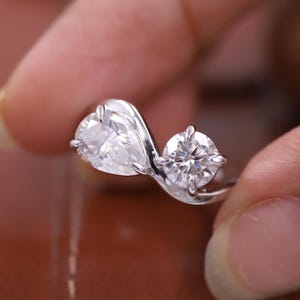 Toi Et Moi Fancy Ring, Bypass Shank Ring, Pear & Round Cut Moissanite Wedding Ring, Two Stone Engagement Ring, 14K White Gold Wedding Ring