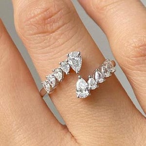Adjustable Finger Wrap Open Cuff Ring, Pear Cut Moissanite Wedding Ring, Bypass Ring, Colorless Diamond Ring, 14K White Gold Engagement Ring