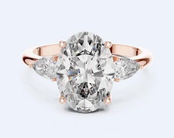 Three Stone Ring with Pear Side Stones, Oval Moissanite Engagement Ring, Lab Grown Diamond Ring, Unique Rings, Anniversary Gift for Women-17