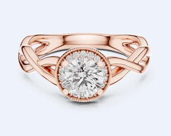 Twisted Vine Band, Round Moissanite Engagement Ring, Milgrain Halo Lab Grown Diamond Wedding Ring, Vintage Designer Bridal Ring for Her -01