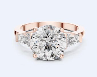 Three Stone Lab Grown Diamond Ring, Round Cut Moissanite Engagement Ring, Trapezoid Side Stone Ring, Past Present Future Promise Ring-20