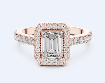 10k White Gold Pave Ring, Emerald Cut Moissanite Ring, Lab Diamond Halo Engagement Ring, Unique Promise Ring, Birthday Gift for Women-14