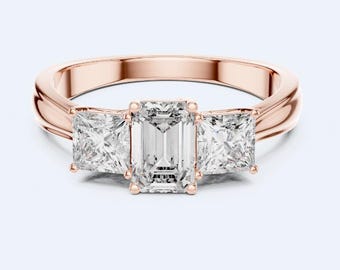 Three Stone Emerald Cut Engagement Ring with Princess Side Stones, Moissanite Lab Diamond Ring, 14K White Yellow Rose Gold Promise Ring-28
