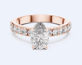 Lab Grown Promise Ring, Pear Moissanite Engagement Ring, Hidden Halo Bridal Ring, Pave Set Diamond Band, Teardrop Wedding Ring for Her -06