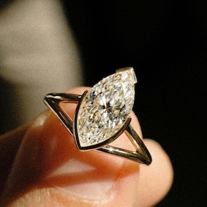 Split Shank Lab Grown Ring, IGI Certified Wedding Ring, Marquise Cut Lab Created Engagement Ring, Half Bezel Set Solitaire Diamond Ring