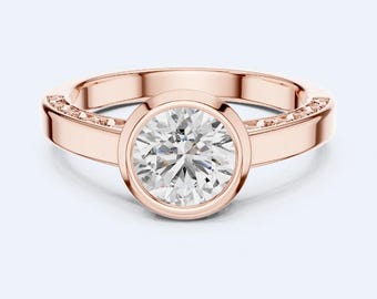 Full Bezel Set Diamond Ring, Round Cut Lab Grown CVD Ring, Filigree Vintage Style Moissanite Solitaire Ring, Modern Proposal Ring for Her-11