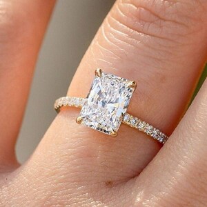 Ice Crushed Radiant Moissanite Engagement Ring, 14K Yellow Gold Promise Ring, Hidden Halo Wedding Ring, Accent Diamond Anniversary Gift