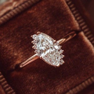 14K Solid Gold Wedding Ring, Marquise Lab Grown Diamond Engagement Ring, Solitaire Anniversary Ring, Cluster Diamond Gift, Ring for Women