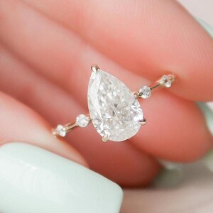 Lab Grown Pear Cut Diamond Engagement Ring, Teardrop Diamond Ring, Distance Pave Set Solitaire Ring, 14k Yellow Gold Ring, Anniversary Rings