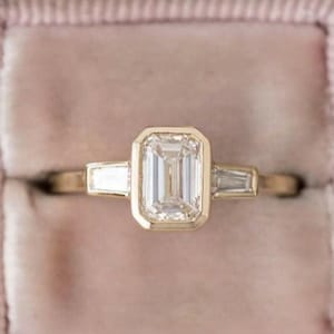 Emerald Cut Lab Grown Diamond Ring, Three Stone Engagement Ring, Tapered Baguette Side Diamonds Ring, Full Bezel Set Wedding Ring for Women