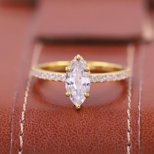 14K Solid Yellow Gold Wedding Ring, Marquise Cut Lab Grown Diamond Ring, Hidden Halo Engagement Ring, IGI Certified Solitaire Diamond Ring