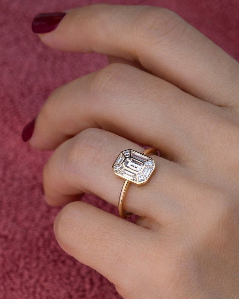 Full Bezel Set Bridal Ring, Baguettes Halo Diamond Ring, 1.0 CT Emerald Cut Moissanite Ring, 14k Solid Gold Wedding Ring, Handmade Jewellery