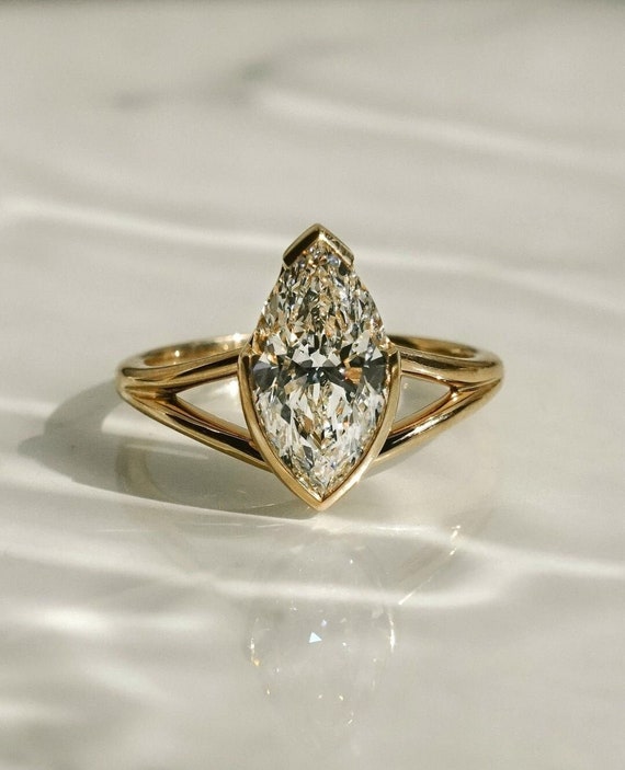 Half Bezel Solitaire Engagement Ring, 14K Solid Gold Split Shank