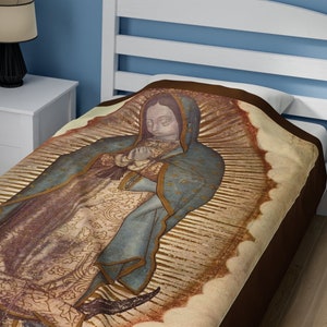 Manta de felpa con imagen auténtica de la Virgen María de Guadalupe (EE. UU.), regalo católico, apta para colgar en la pared