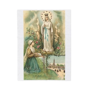 Our Lady of Lourdes Blanket, Catholic Marian Throw, Vintage Holy Card Gift for Catholic Mom or Prayer Home image 1