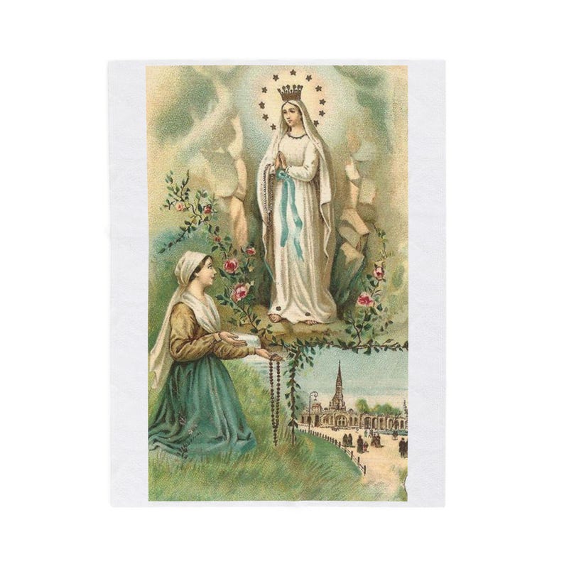 Our Lady of Lourdes Blanket, Catholic Marian Throw, Vintage Holy Card Gift for Catholic Mom or Prayer Home image 1