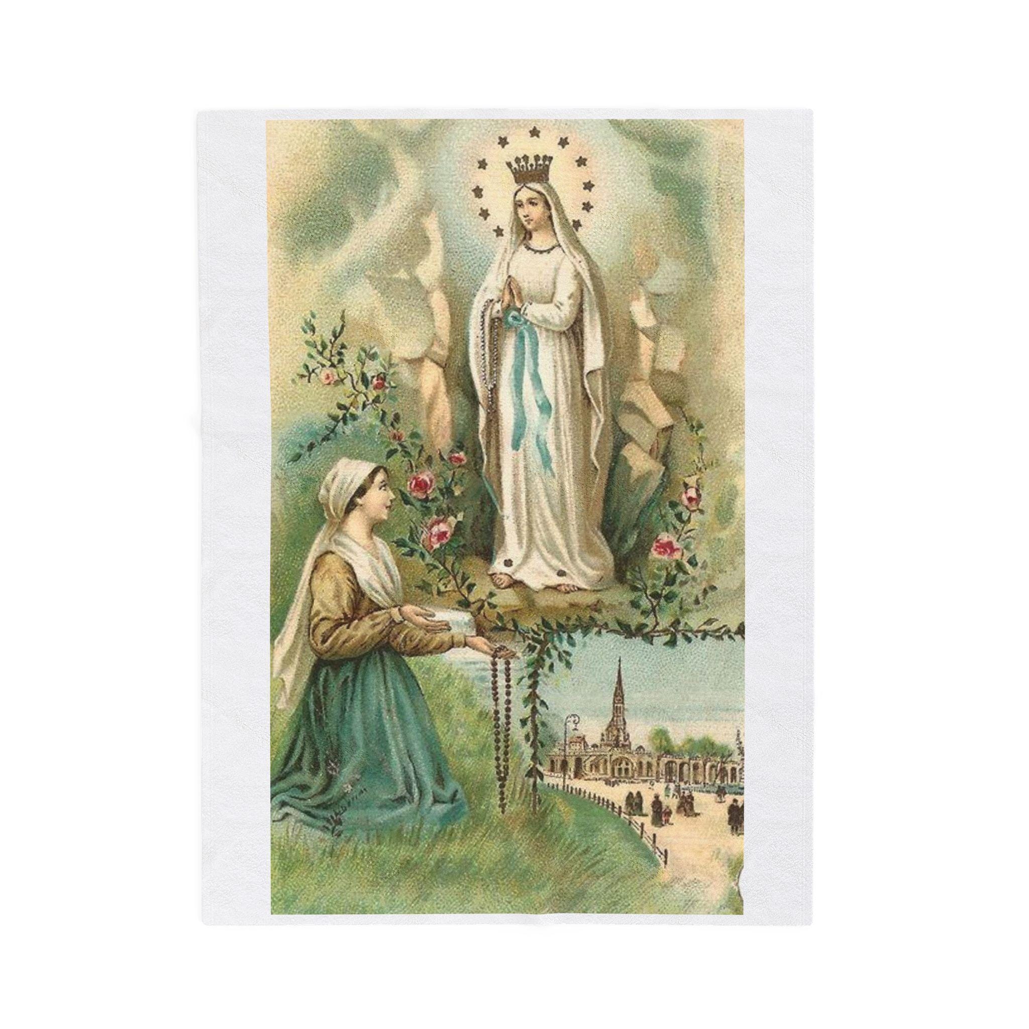 Our Lady of Lourdes Blanket, Catholic Marian Throw, Vintage Holy Card Gift for Catholic Mom or Prayer Home