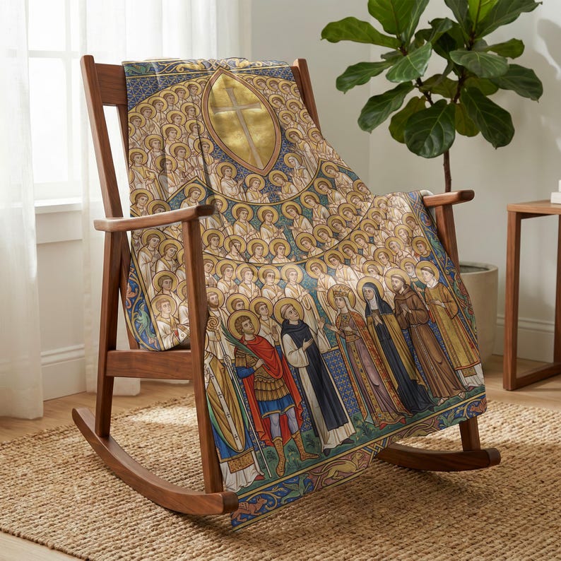 All Saints plush blanket draped over a wooden rocking chair