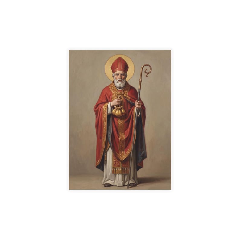 Postcard featuring a painted portrait of St. Nicholas in full-length view, dressed in red and gold bishop's vestments and mitre, holding a golden purse and a pastoral staff, with a golden halo, against a neutral beige background