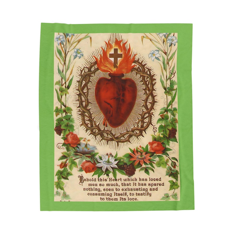Manta de felpa de terciopelo con ilustración del Sagrado Corazón / Diseño de estampa religiosa antigua / Diseño devocional religioso imagen 6
