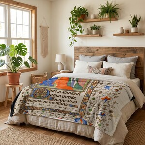 Nativity plush blanket spread over a bed beneath shelves of houseplants
