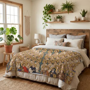 All Saints plush blanket spread over a bed beneath shelves of houseplants