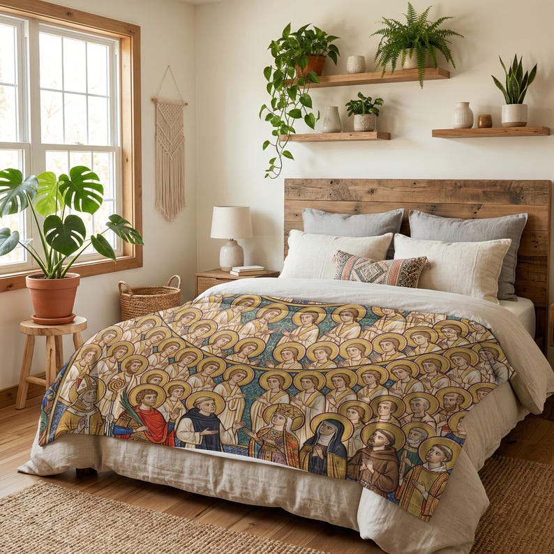 All Saints plush blanket spread over a bed beneath shelves of houseplants