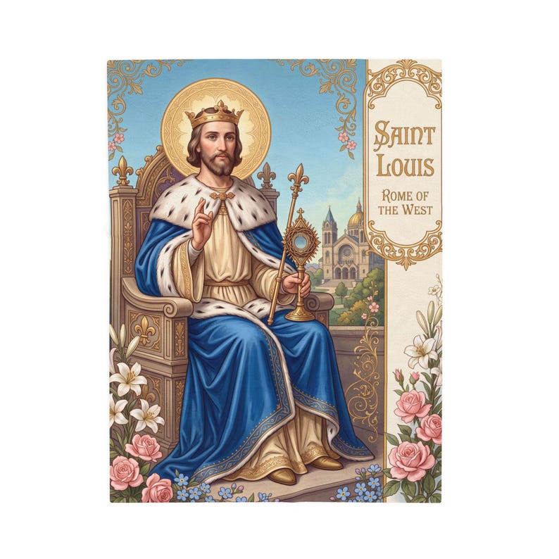 Saint Louis Velveteen Blanket, Catholic Devotional Throw, King Louis IX Prayer Blanket image 1