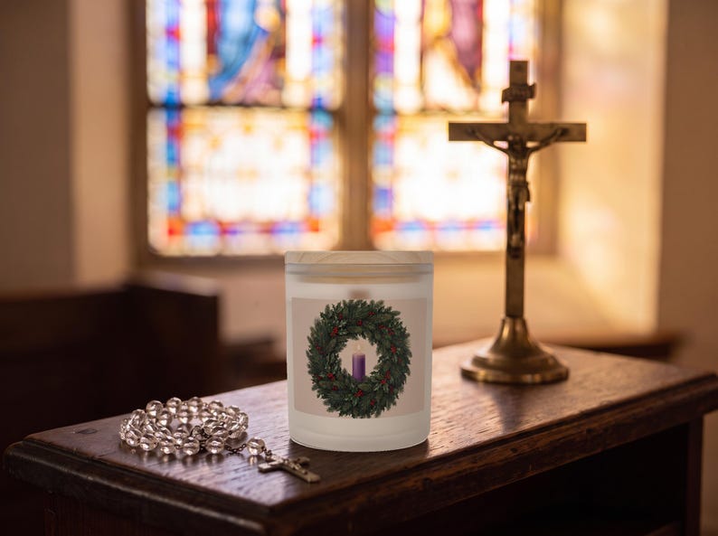 Styled photograph of First Sunday of Advent frosted glass candle