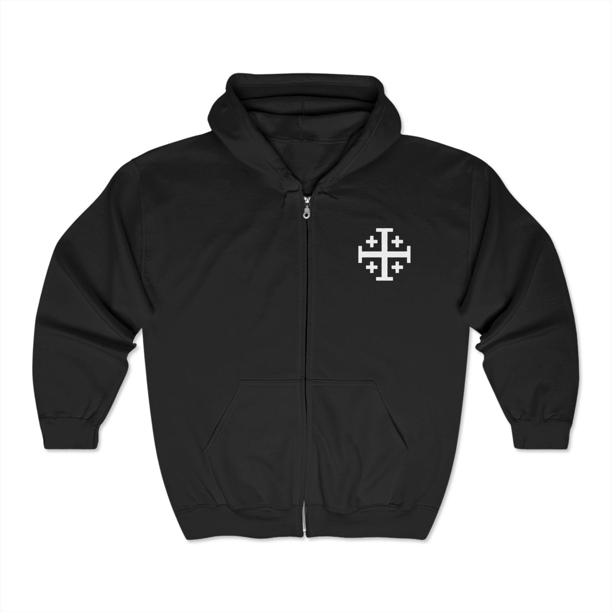 Our Lady of Guadalupe Jerusalem Cross Full Zip Hoodie, Catholic Gift for Him or Her