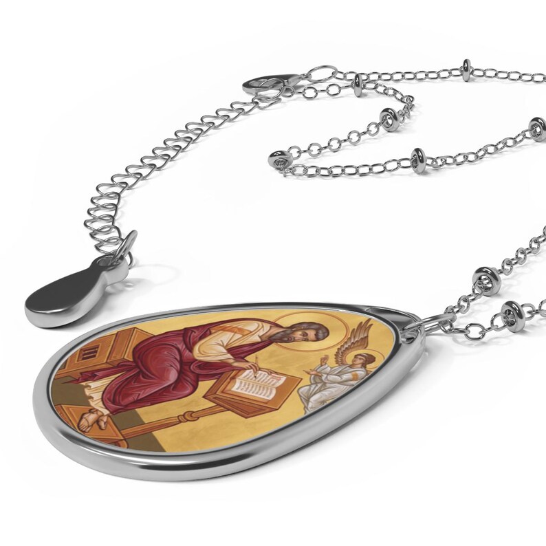 Saint Matthew Necklace, Catholic Oval Pendant, Apostle and Evangelist Devotional Jewelry Gift image 2
