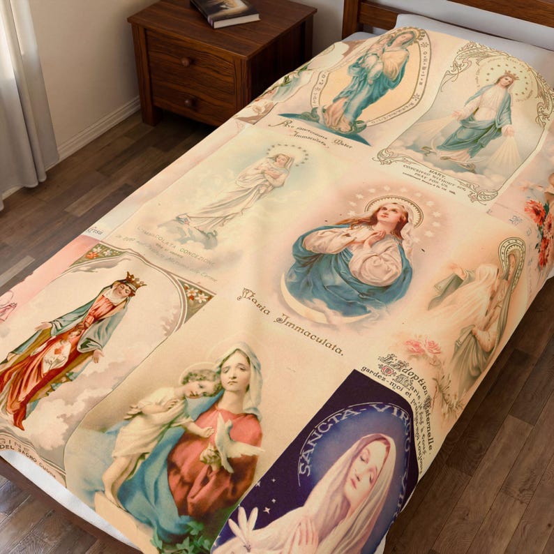 Virgin Mary Blanket, Vintage Madonna Collage Throw, Marian Catholic Gift for Mom, Prayer Blanket image 1