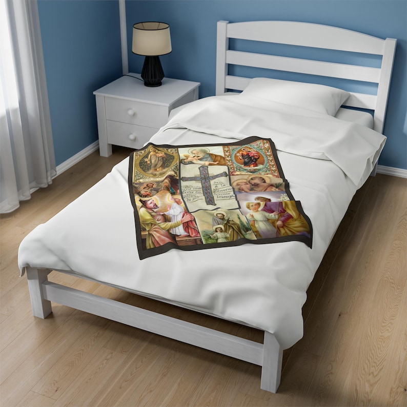 St. Joseph Antique Holy Card Velveteen Plush Blanket | Catholic Devotional Throw image 3