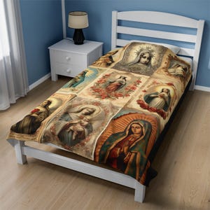 Coperta della Vergine Maria Coperta di peluche antica con santini, regalo accogliente per la mamma, pastore cattolico, nonna, volto di Gesù, camera da letto, famiglia, coperta, qualità cimelio