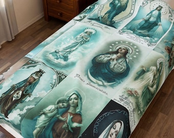 Vintage Madonna Collage Velveteen Plyschfilt, Marian Catholic Pläd, Vår Fru Helig Konst Gåva för katolskt hem