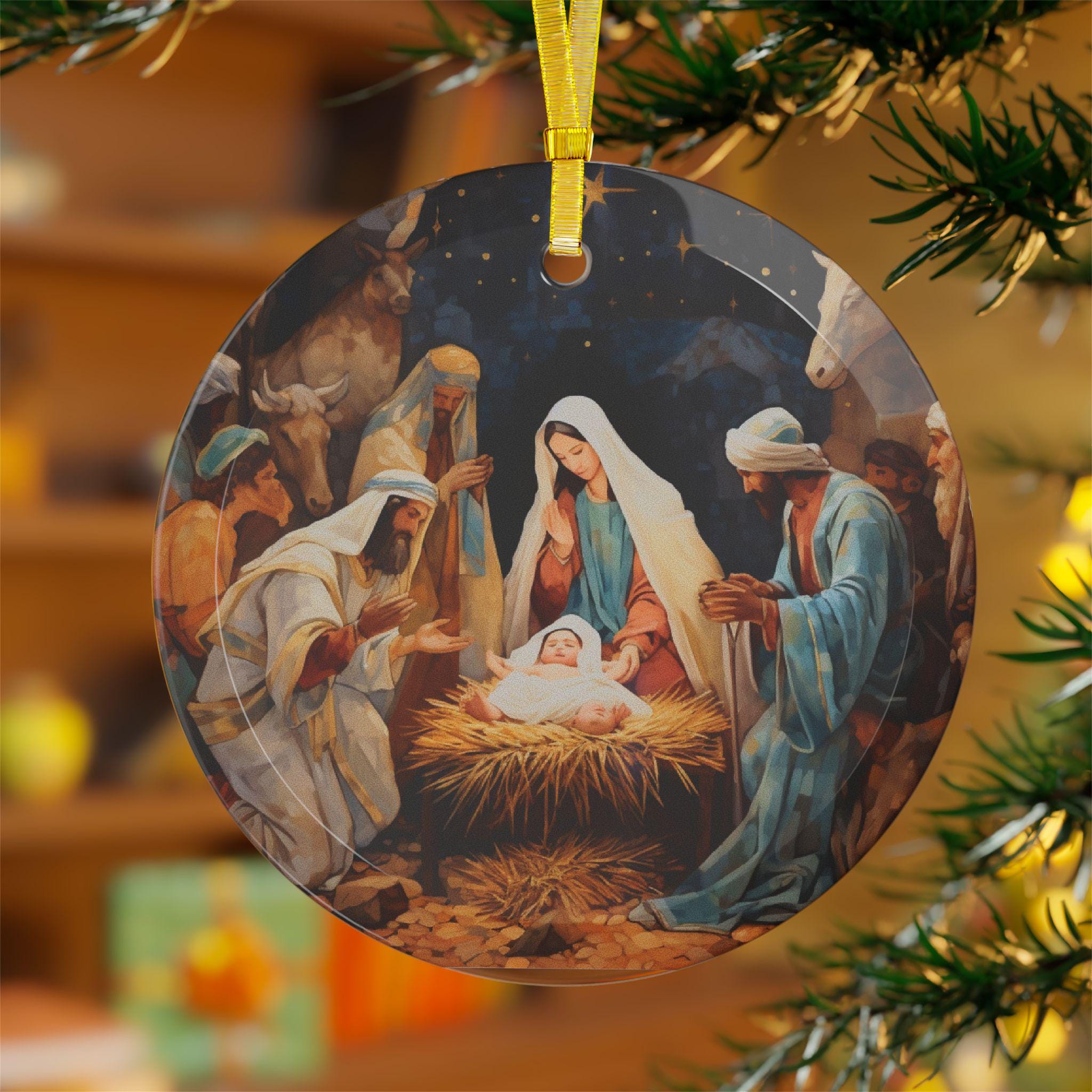 Nativity Scene Glass Ornament, Catholic Christmas Gift, Holy Family Jesus Mary Joseph Tree Ornament