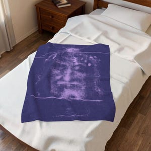 Shroud of Turin Blanket, Holy Face of Jesus Catholic Gift, Purple Velveteen Plush Throw for Prayer Room or Home image 5
