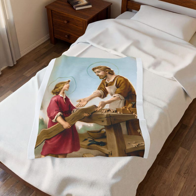 Saint Joseph and Child Jesus Catholic Blanket, Holy Family Devotional Throw, Catholic Dad Gift image 3