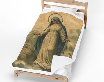 Virgin Mary Velveteen Plush Blanket, Marian Devotional Throw, Catholic Gift for Mom or Prayer Home
