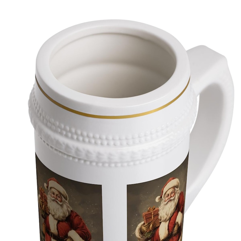 Old Fashioned Santa Claus Stein Mug, St. Nick Christmas Gift for Dad Mom Grandpa Grandma, Gold Trim Holiday Beer Mug image 4