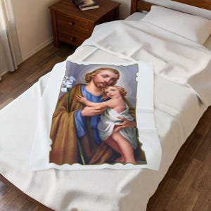 Lilies of St. Joseph Velveteen Blanket, Catholic Nursery Throw, Godfather or New Baby Baptism Gift image 4